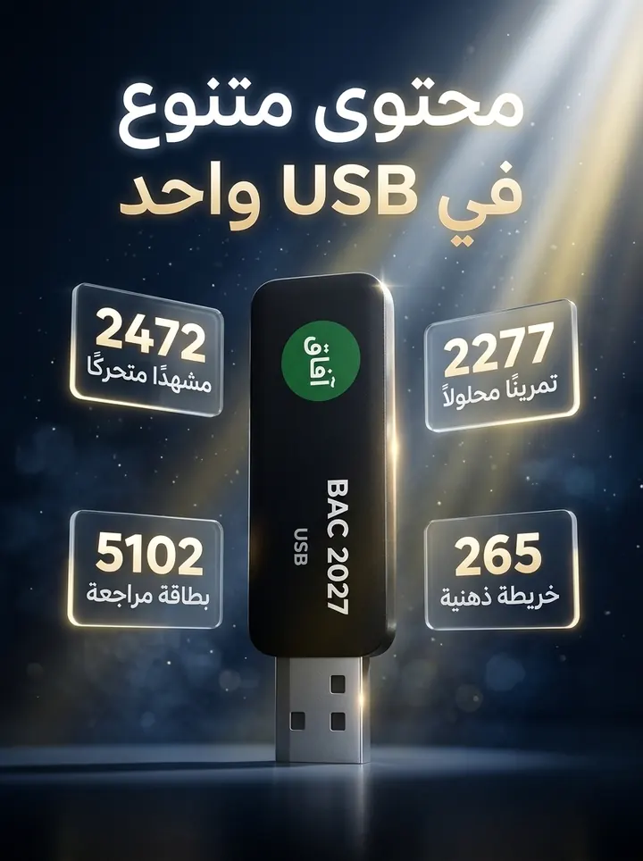 محتوى متنوع في USB واحد: 2472 مشهدًا متحركًا، 2277 تمرينًا محلولًا، 5102 بطاقة مراجعة، 265 خريطة ذهنية